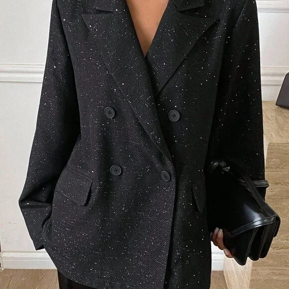 Black Elegant Women's Casual Sequin Blazer Jacket - Picture 5 of 7
